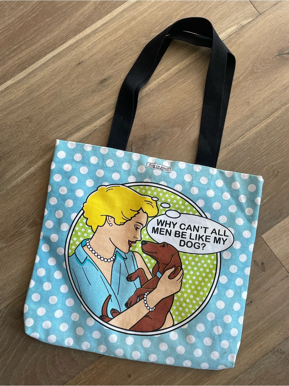 Light Blue Polka Dot Tote with Pop-Art Dog Graphic